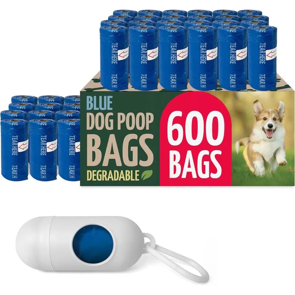 Confezione da 600 Sacchetti Biodegradabili per Rifiuti di Cani, 40 Rotoli, 9x13 Pollici, Impermeabili, Blu con Clip per Guinzaglio