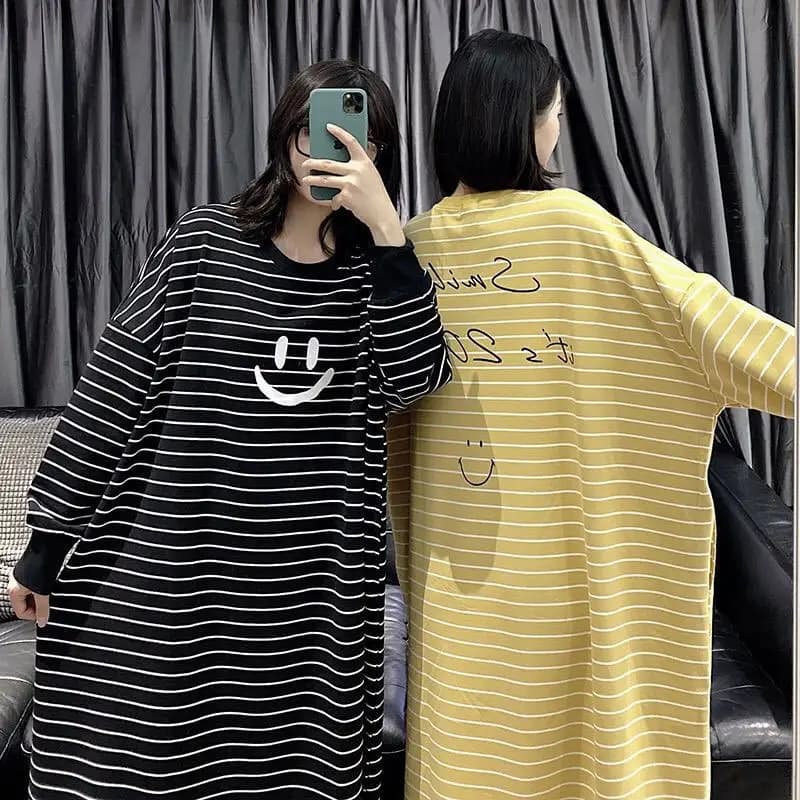 Striped Plus Size Pajamas Women Autumn Korean Long Sleeves Loose Home Dress Pregnant Over The Knee Fattening Nightgown 100kg