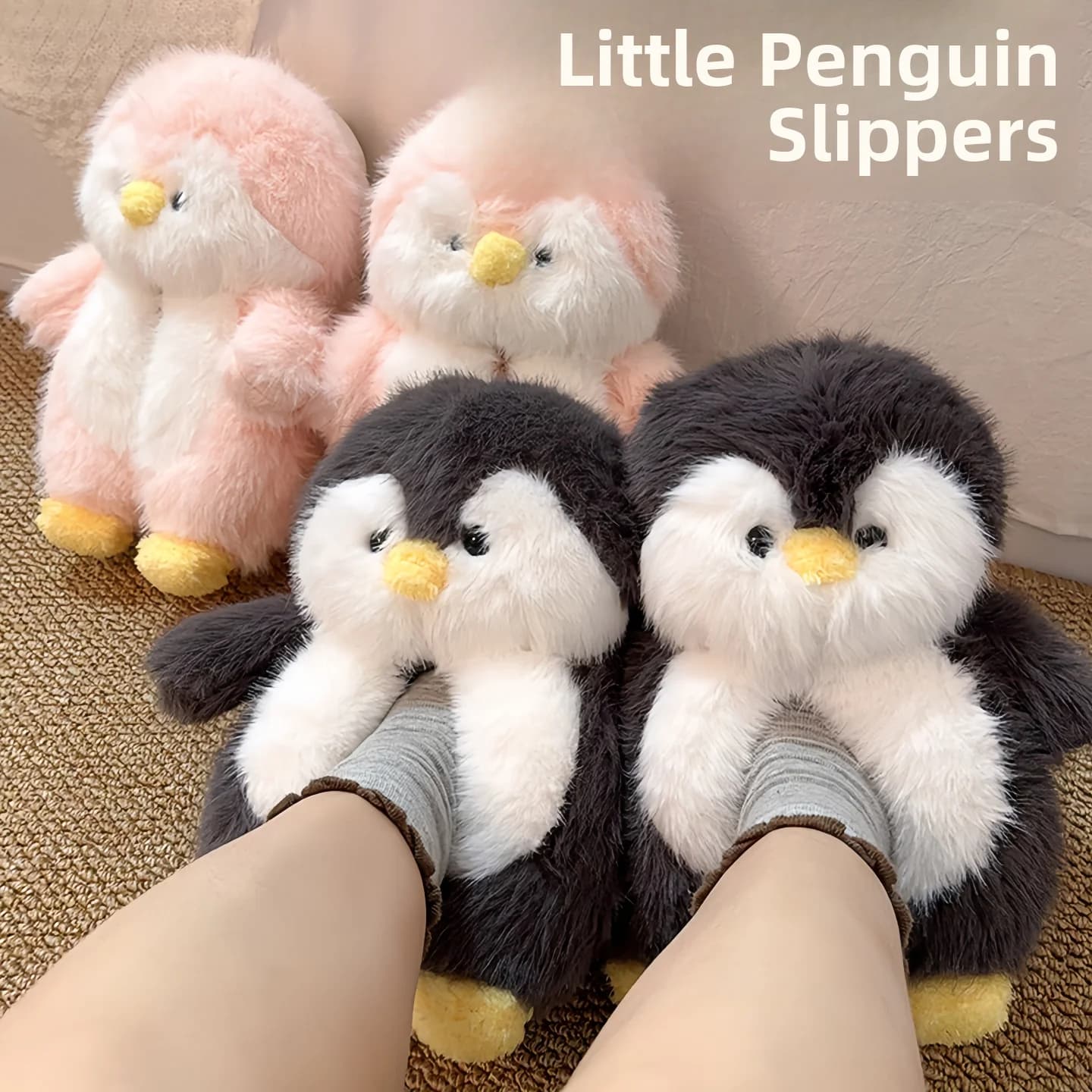 Pantofole da donna in peluche a forma di pinguino, calde e comode per la casa, in cotone, con design simpatico a cartone animato, ideali per l'autunno e l'inverno.
