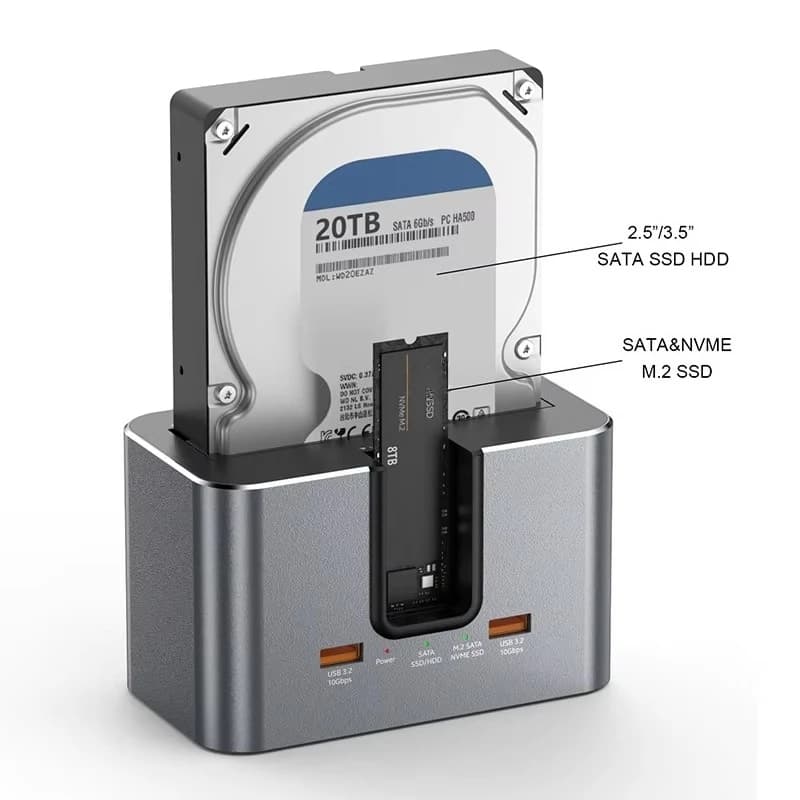 EE1 Docking Station Esterna Personalizzata All-in-One a Doppio Alloggiamento per Hard Drive SSD HDD, Case in Alluminio con USB-C