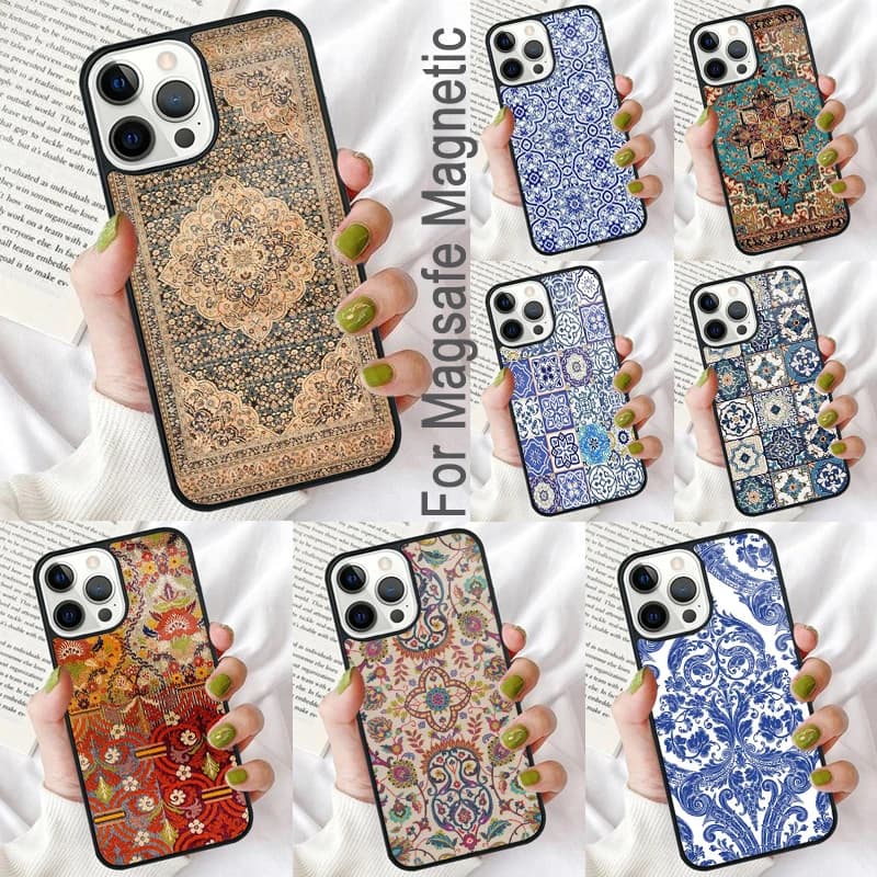 Custodia morbida per telefono con piastrelle floreali antiche marocchine per iPhone 17 Air 16e Pro max 15 Pro 13 14 Plus 11 12 MagSafe Coque magnetica