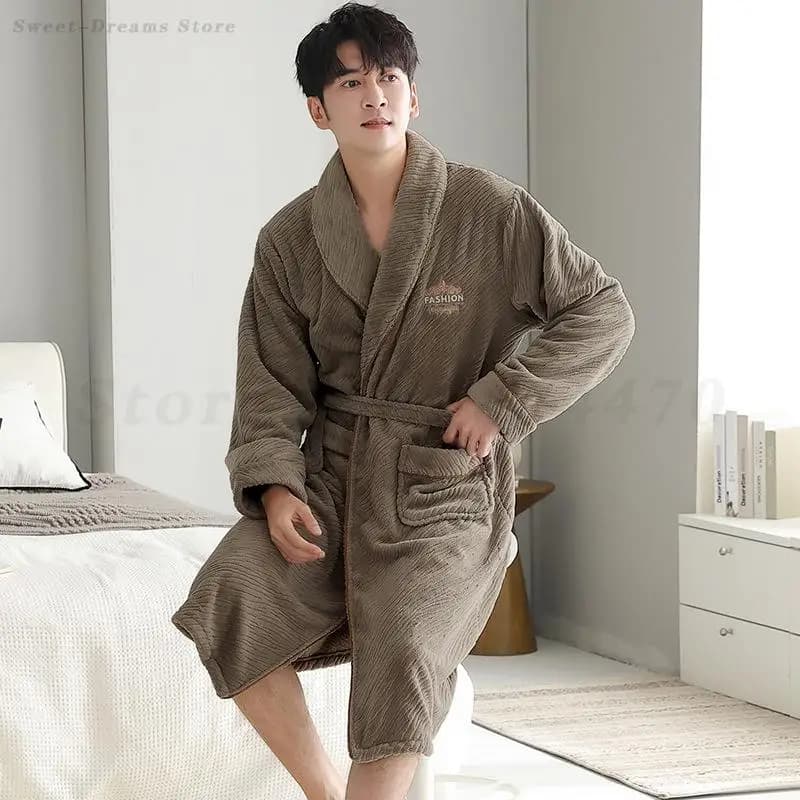 Winter Flannel Robe Sleepwear Men's Thick Nightgown Coral Fleece Warm Home Clothes Long Sleeved Bathrobe Kimono Gown Loungewear