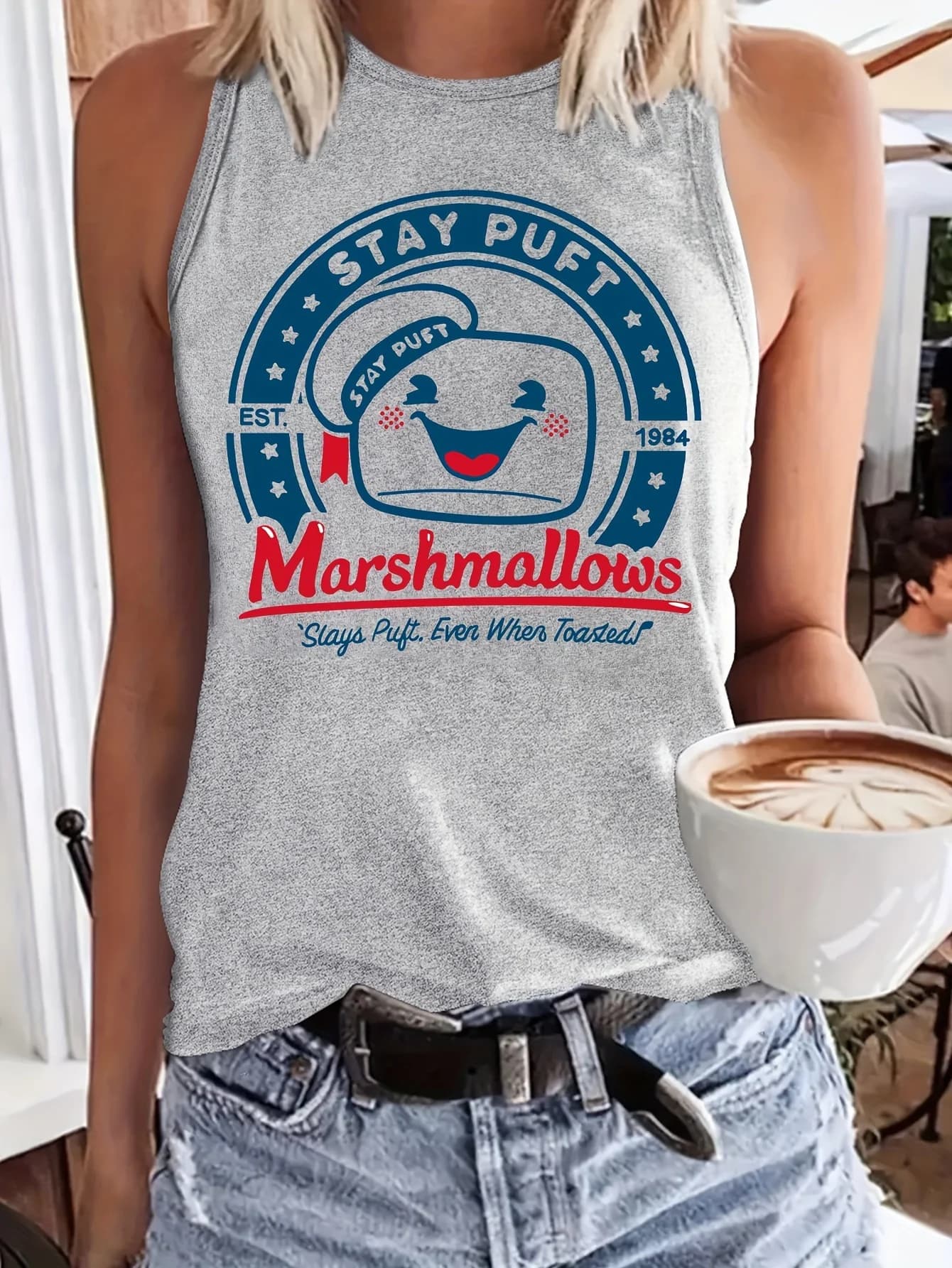 T-shirt da donna estiva casual taglia ampia con stampa di marshmallow, girocollo, senza maniche