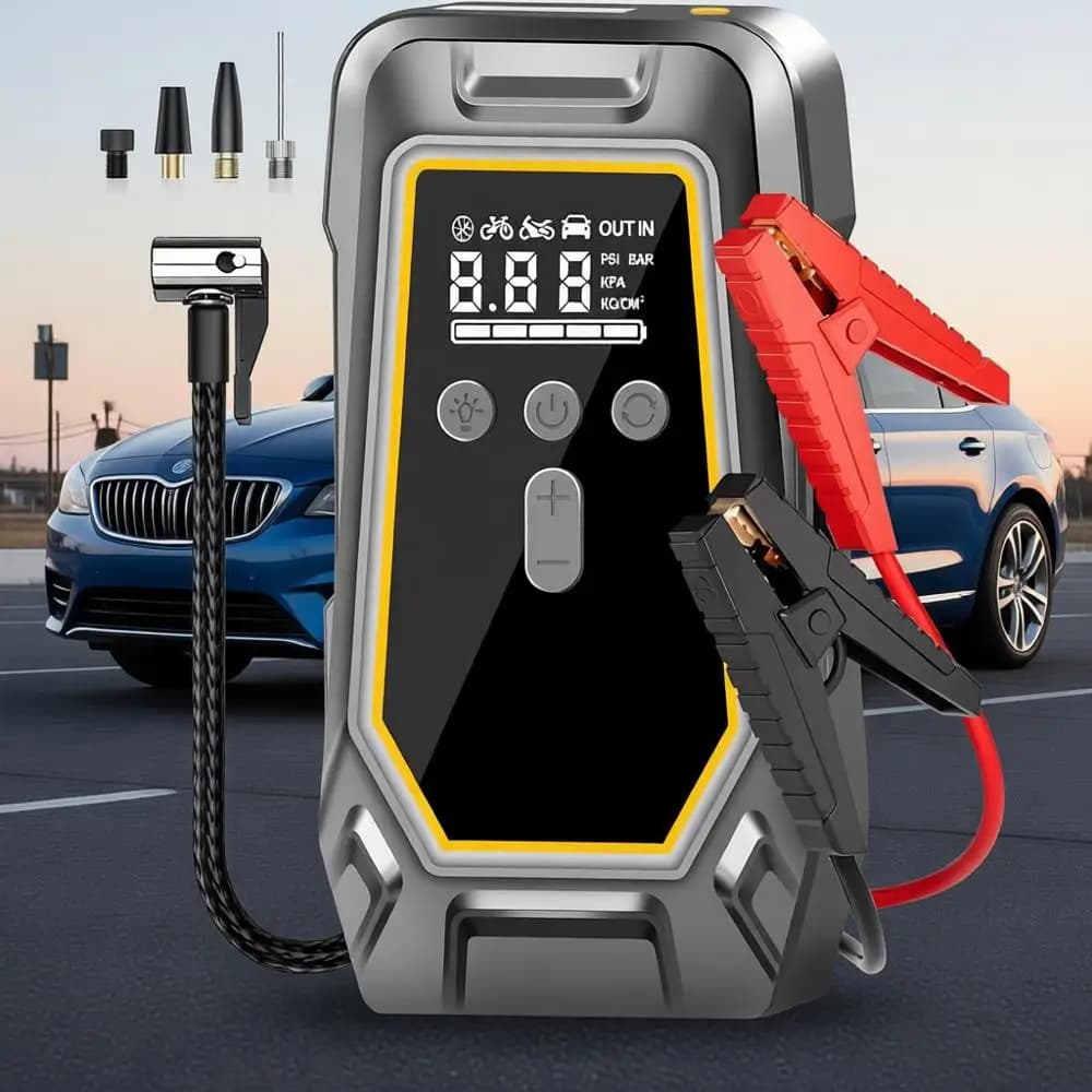Avviatore di Emergenza con Compressore d'Aria, Gonfiaggio 3X più Veloce, Pompa Portatile per Pneumatici 150PSI, Manometro Digitale, Luce LED, Pompa Senza Fili per