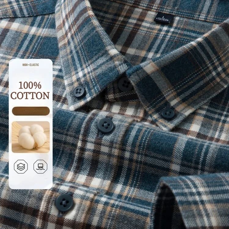 100% Cotton Flannel Shirt Men's, Plaid Casual Jacket, Anti-Wrinkle, Multi-Color Gold Quality Long-Staple Cotton S-4XL