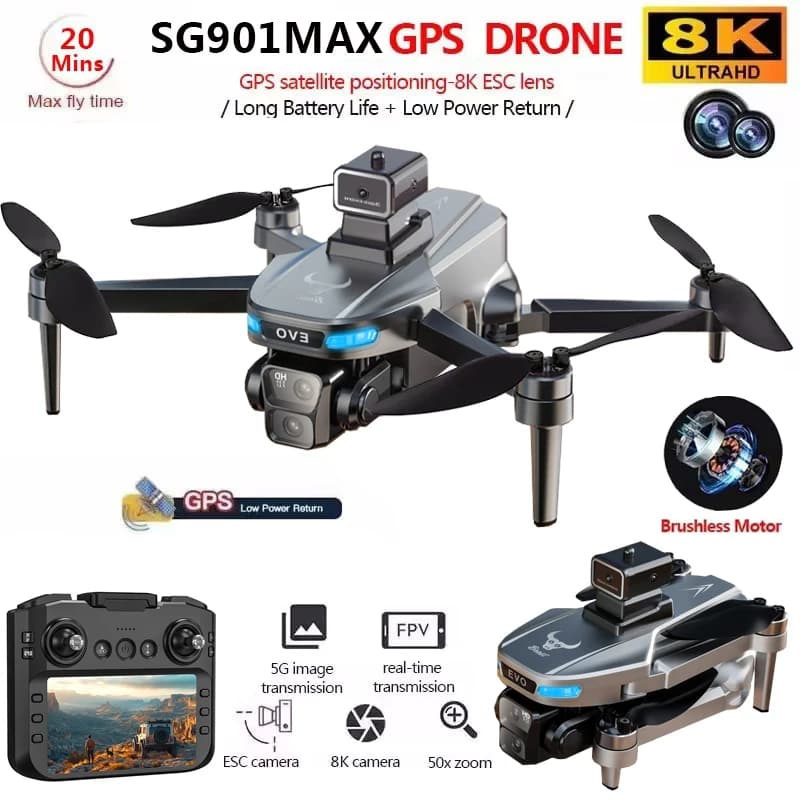 Drone GPS SG901 MAX con Doppia Fotocamera HD Professionale 8K, Schermo Integrato, WIFI 5G, Rotazione 360° ° Drone Quadricottero Pieghevole Brushless con Evitamento Ostacoli