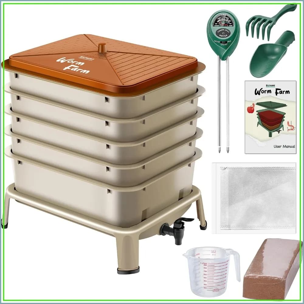 5-Tray Worm Compost Bin, 53QT Outdoor & Indoor Worm Composter with Starter Kits for Home & Kitchen Recycling Food Waste