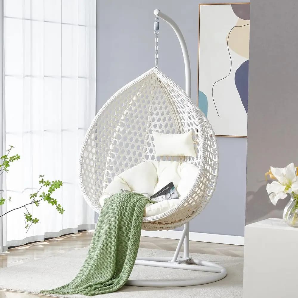 Sedia a dondolo da esterno e interno con supporto, cuscini, per patio, balcone o camera da letto, resistente fino a 350 libbre, bianca