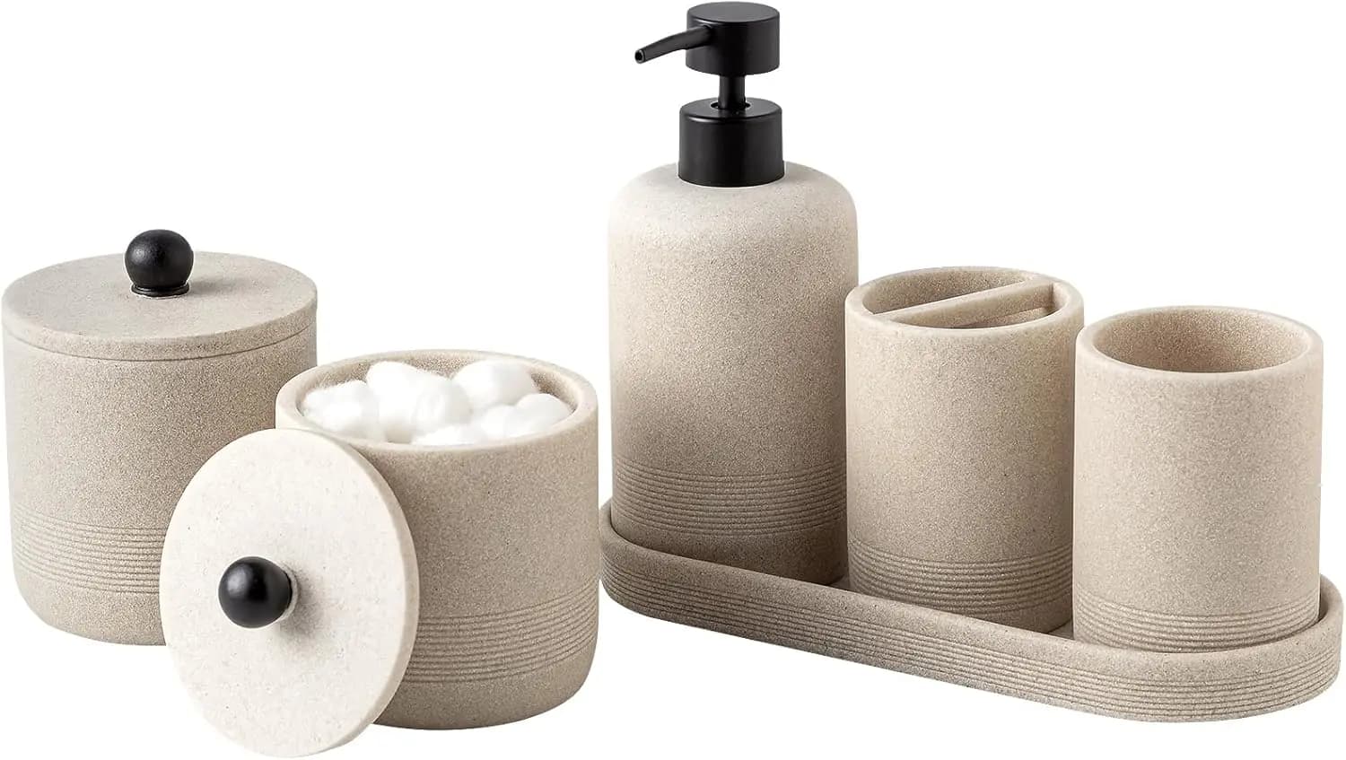 Set di 6 Accessori Moderni per il Bagno con Dispenser Sapone, Porta Spazzolini, Vassoio, Bicchiere e Porta Q-tip in Beige