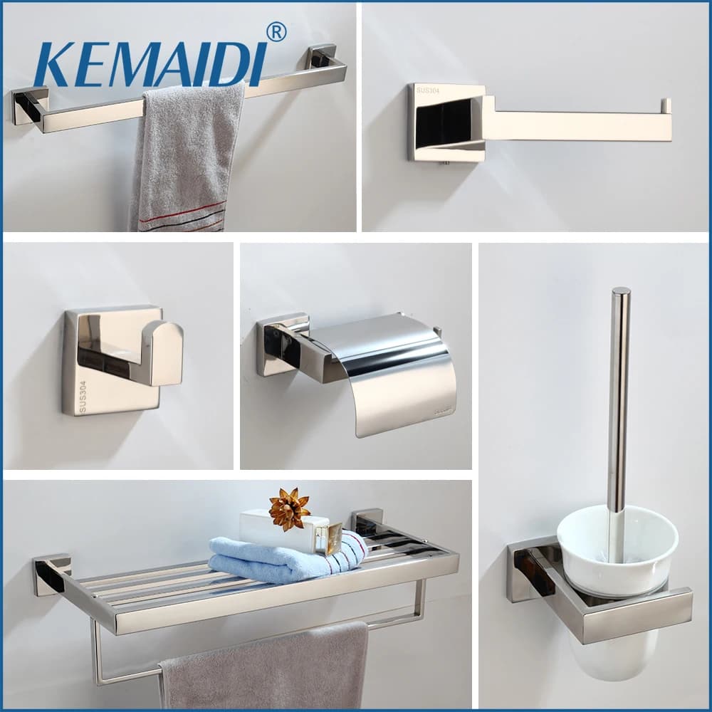 KEMAIDI Set di accessori per il bagno in smalto cromato Set di spazzole per wc in acciaio inossidabile 304 Kit combinato a parete