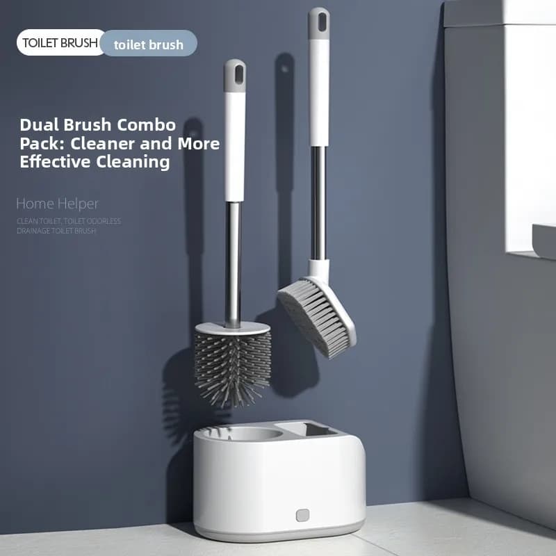 Long-handled toilet brush with soft bristles, a household cleaning set for the bathroom, complete with a base