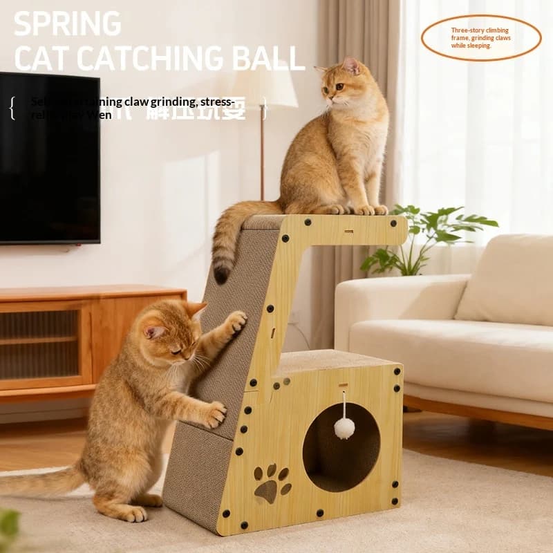 Cuccia e Tiragraffi Multifunzione per Gatti, Casetta Gioco in Cartone Ondulato per Gatti da Interno, Tappetino Auto-Gioco Resistente