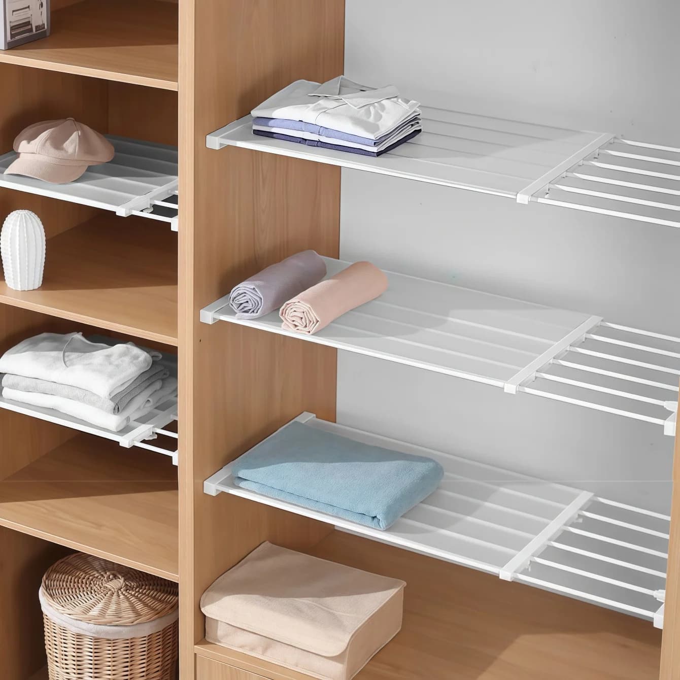 Scaffale di tensione per armadio e asta portaoggetti in metallo espandibile, organizer regolabile, divisore fai da te, separatore per armadio, cucina, bagno