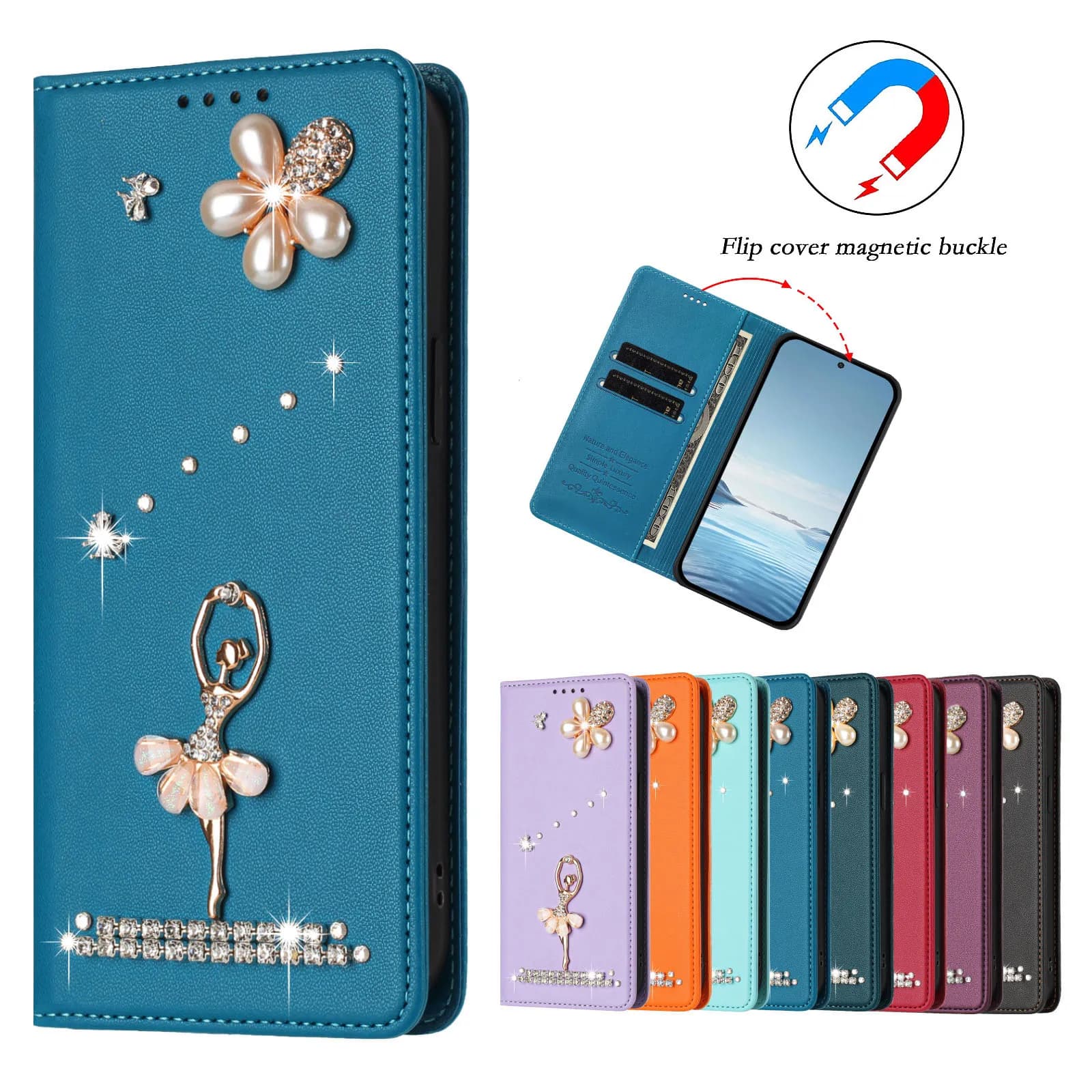 Custodia per telefono con strass per INFINIX GT 30 Pro Smart 10 Plus 20 HOT 60i 60 Pro Plus 70 Note Edge, Cover a portafoglio Bling da ragazza