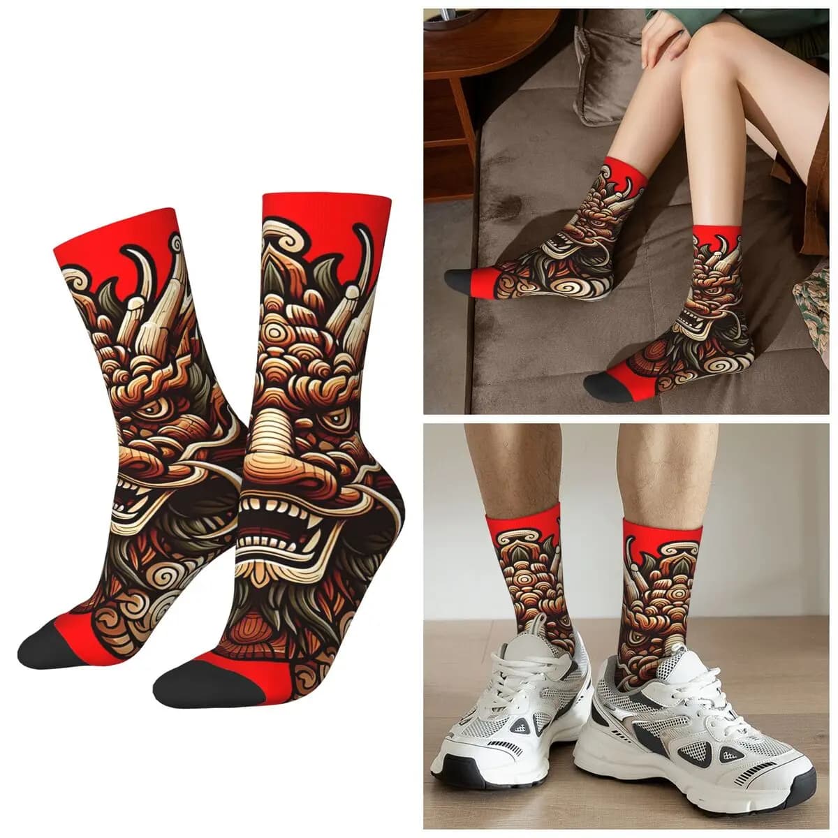 Calzini a tubo medio sportivi Harajuku con maschera di drago artistica mitologica per tutte le stagioni, calze unisex, regali di San Valentino