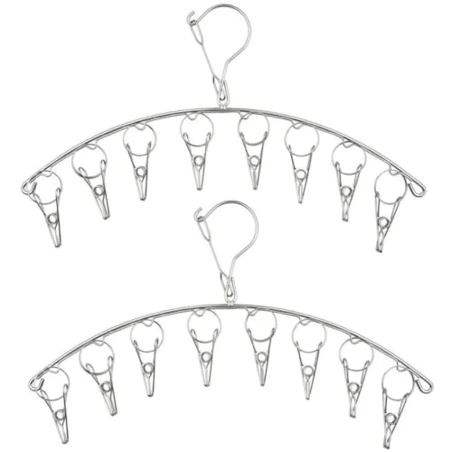2Pcs Clothes Drying Hanger with 16 Clips, Stainless Steel Sock Air Drying Rack, Windproof Anti-Lost for All Small Laudry Item a