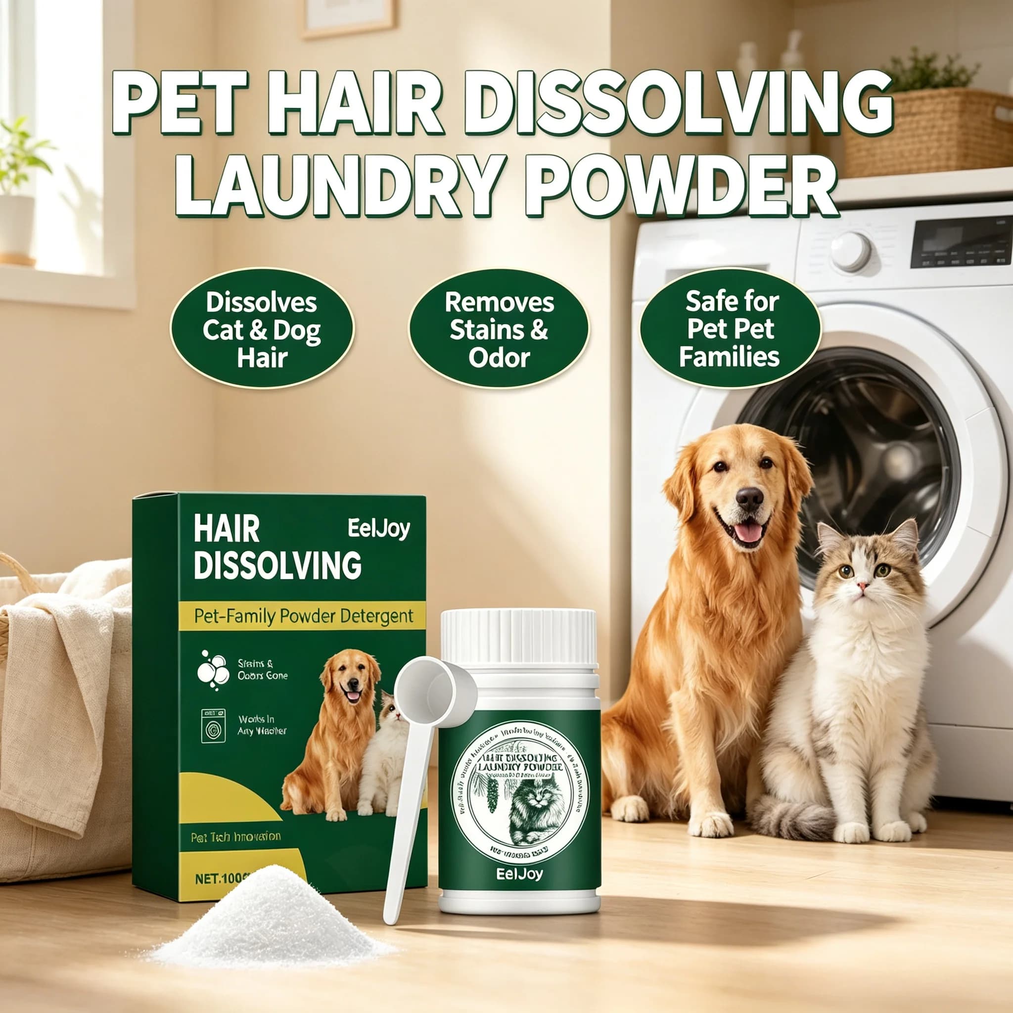 Pet Hair Dissolving Laundry Powder Stain Odor Remove Safe Owner Household Fabric Washing Machine Cat Dog Family Clothes Cleaner