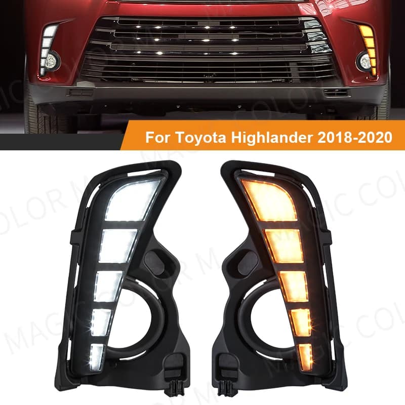 Luce di marcia diurna a LED per Toyota Highlander 2017 2018 2019 DRL Paraurti anteriore Luci diurna Indicatori di direzione Lampada fendinebbia Bianco Giallo 12V