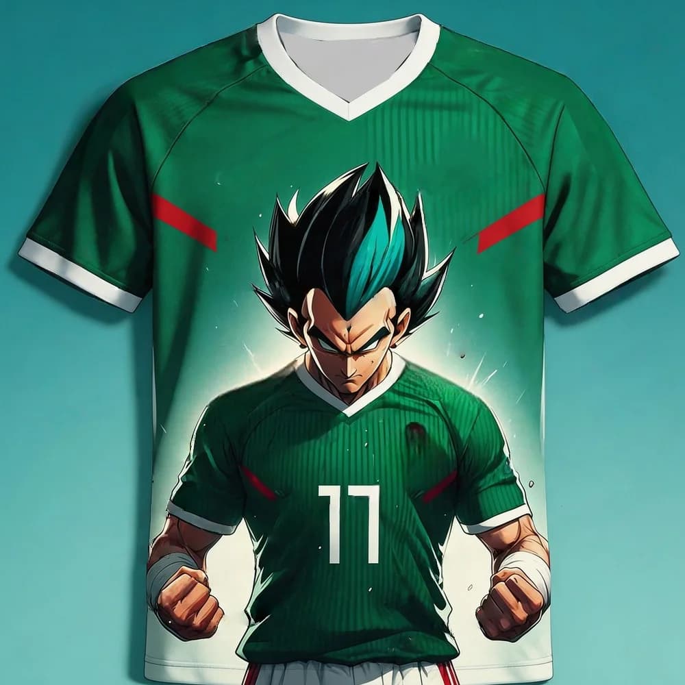 T-shirt Traspirante Ricamata in 3D a Tema Calcio Dragon Ball Vegeta 'Mexico 17' Estate 2026 per Adulti e Abbigliamento per Genitori
