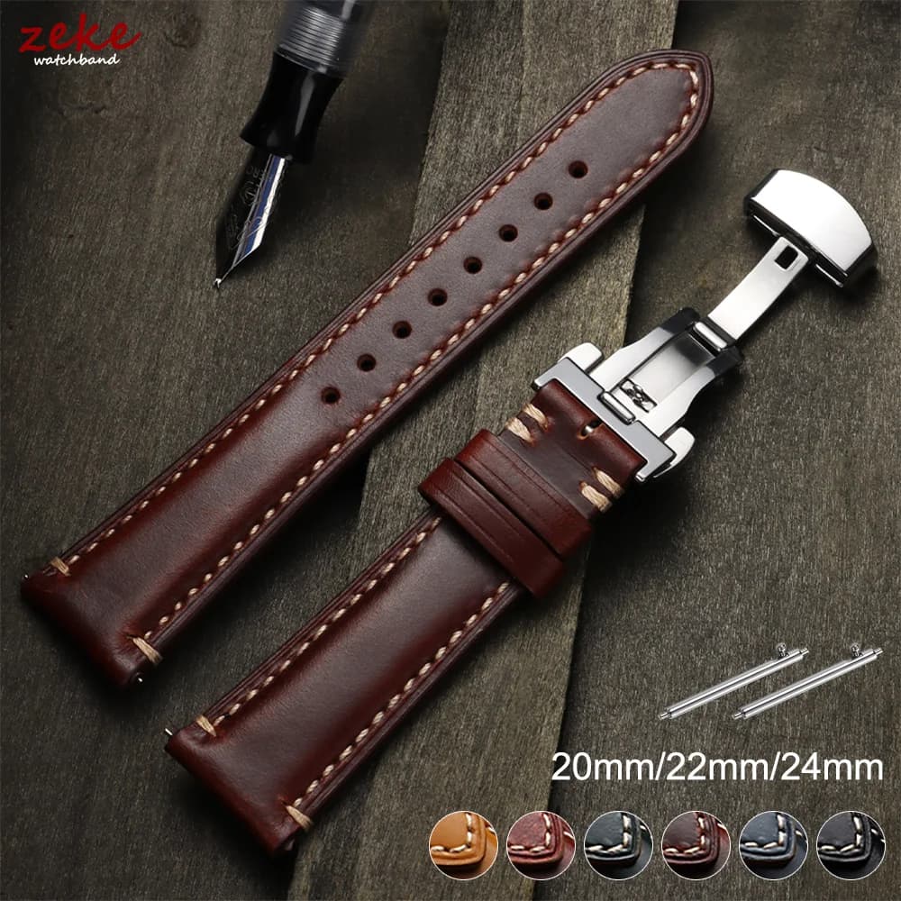 20mm 22mm 24mm for Omega Vintage Oil Wax Leather Watch Strap Brown Butterfly Clasp Head Layer Cowhide Watchband Belt Accessories