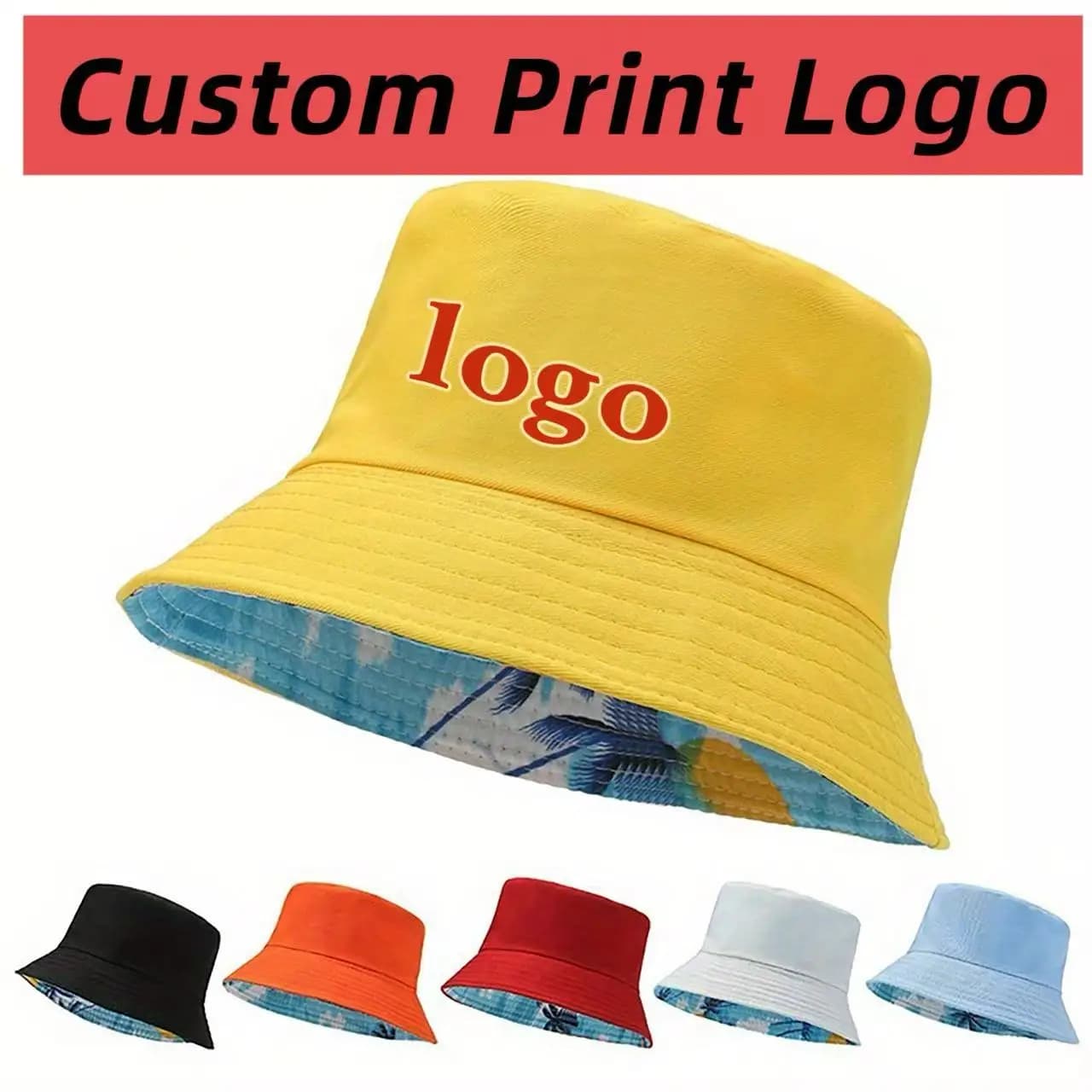 Customized Printed Logo Solid Color And Coconut Tree Double-Sided Fisherman Cap Men's And Women's Fashion Flat Top Sunscreen Hat