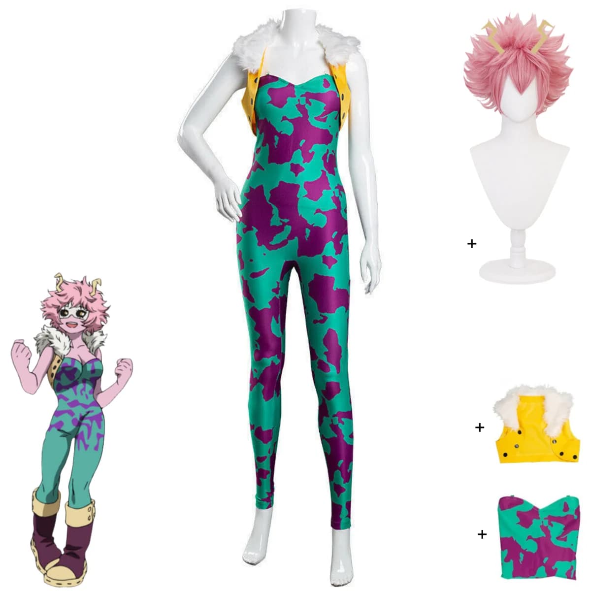 Anime My Hero Academia Ashido Mina Costume Cosplay Pinky Green Tute Coat Wig Woman Sexy Carnival Party Suit