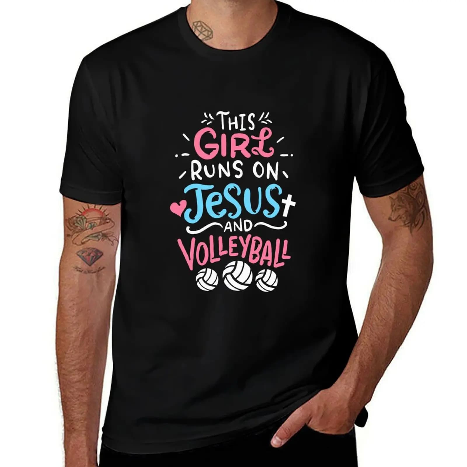 Women's basic t-shirt with print "This Girl Runs On Jesus And Volleyball", suitable for all seasons, plain color.