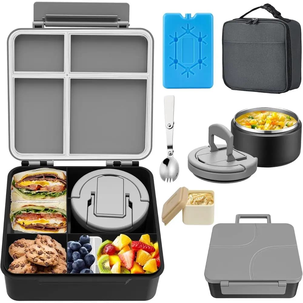 Set Porta Pranzo con Thermos per Zuppa, Contenitore per Alimenti a 4 Scomparti Ermetico, Coppa per Salse, Impacco Ghiaccio, Borsa Termica, Contenitore Termico per Alimenti