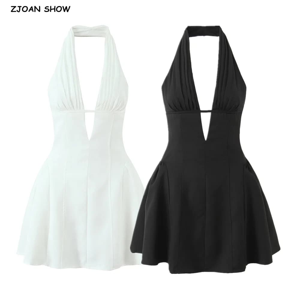 Sexy Bianco Nero Pieghettato Increspato Halter Vestito Delle Donne Profondo Scollo A V Sottile A Vita Bassa Altalena Abito di Sfera Abiti Corti Robe Femme Abiti
