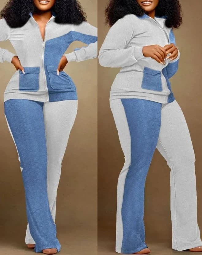 CPSYMYM Set da due pezzi Completo da donna Autunno Denim Look Stampa Design con cerniera Colletto alla coreana Top a maniche lunghe e set di pantaloni casual
