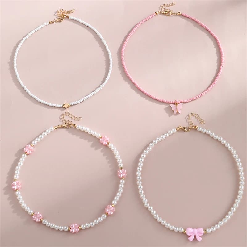 4-Pc Handmade Pink Love Butterfly Pendant Set; Children's Imitation Pearl Rice Bead Jewelry, Ideal Friends Gift