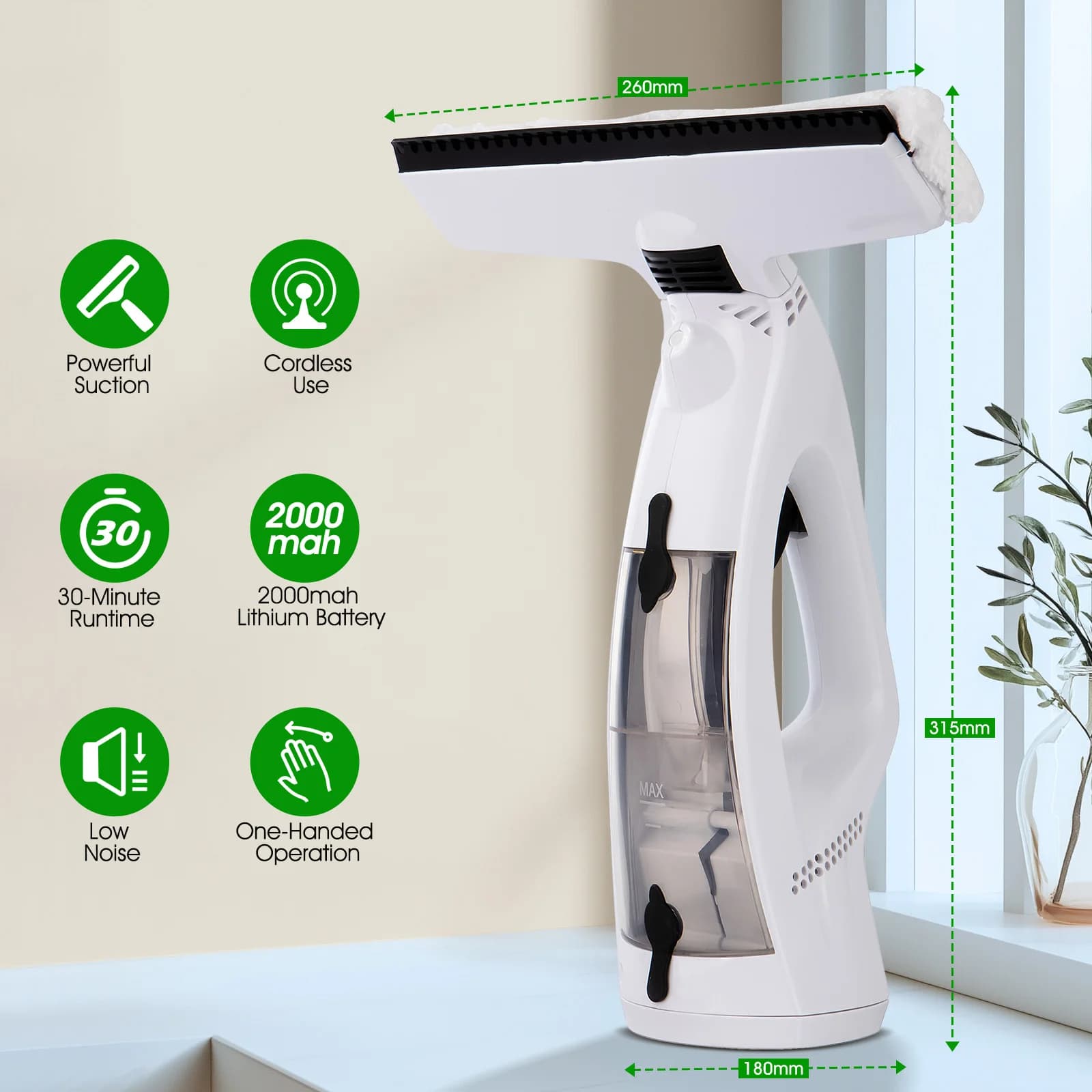 Cordless Window Vacuum Cleaner Electric Window Washer with Spray 2000mAh Rechargeable Squeegee Tool