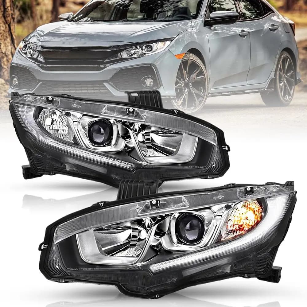 Gruppo Fari Stile OE per Honda Civic 2016-2021 con LED DRL, Proiettore, Alloggiamento Cromato e Riflettore Trasparente