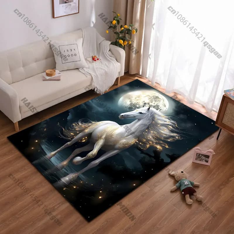 Carpet with Majestic Horse under Bright Moon, Yoga Carpet, Living Room Decoration, Baby Catch Mat, Zerbino, Carpet for Games