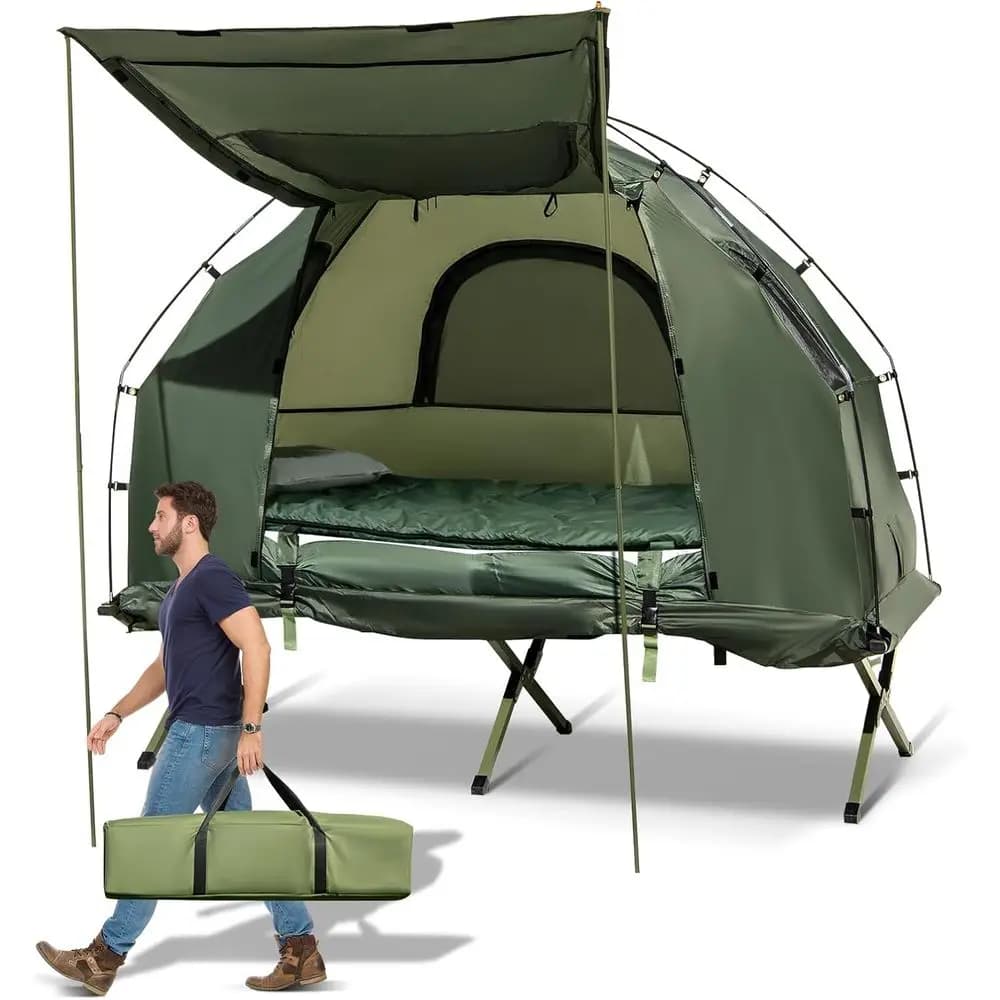 5-in-1 Multi-Functional Camping Cot with Mattress, Pillows, Storage Bags, Sunshade, and Carry Bag for Outdoor Adventures