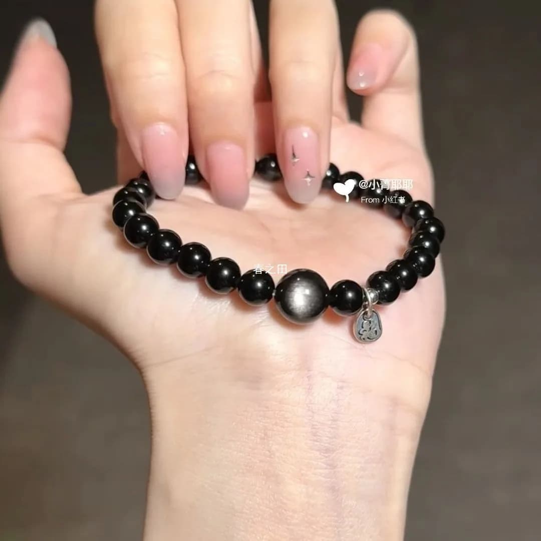 Bracciale con perline occhio di gatto in ossidiana nera per donna, lusso leggero, nicchia, squisito, sensazione di fascia alta, abbigliamento a strati, stile corda