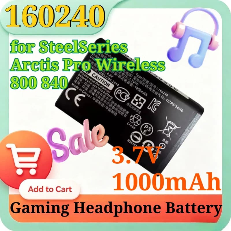 Batteria di Ricambio 160240 3.7V 1000mAh per Cuffie da Gaming SteelSeries Arctis Pro Wireless 800 840, Accessori Batteria agli Ioni di Litio