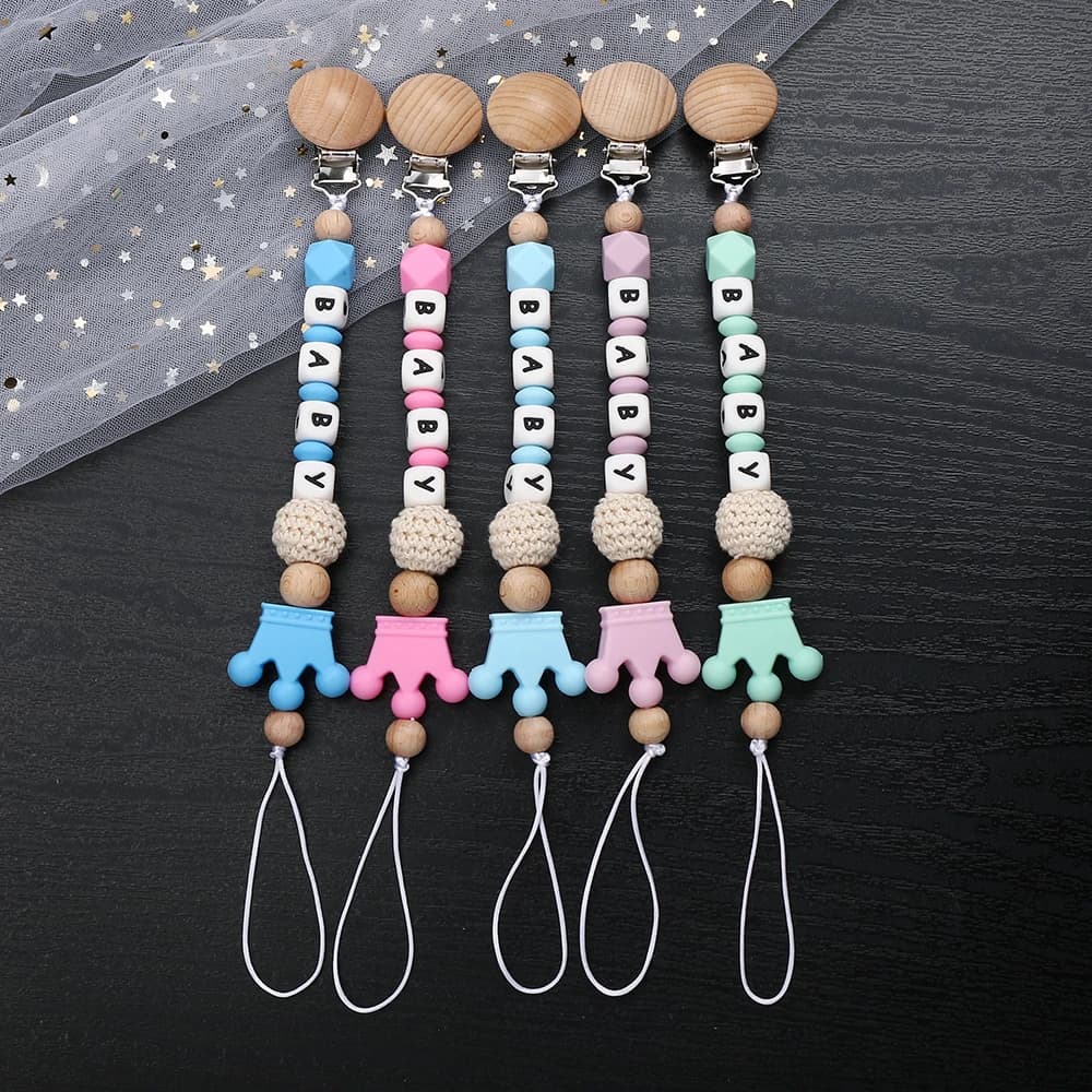 Nome personalizzato personalizzato Clip per ciuccio per bambini succhietto in legno giocattoli per massaggiagengive da masticare manichino corona sicura massaggiagengive in Silicone regalo a catena per ciuccio
