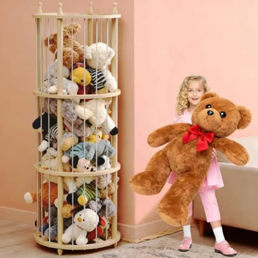 Contenitore Extra Large in Legno Naturale per Peluche a Tema Zoo, Salvaspazio per Giocattoli in Peluche per Sala Giochi e Cameretta