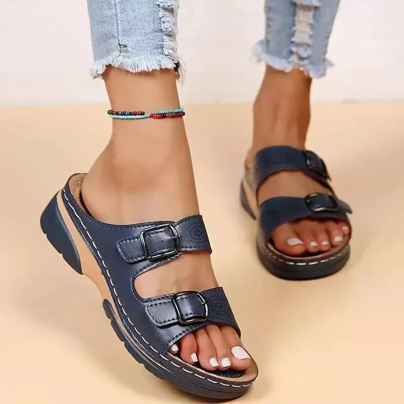 Scarpe estive open toe da donna 2024 Nuovo comfort doppio bottone zeppa sandali da donna piattaforma pantofole casual diapositive da donna