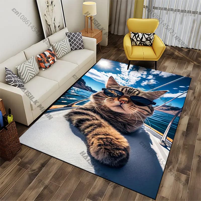 Carpet with fun cat having fun on the water, yoga carpet, decoration for living room, baby cat mat, tirbino, carpet for play area