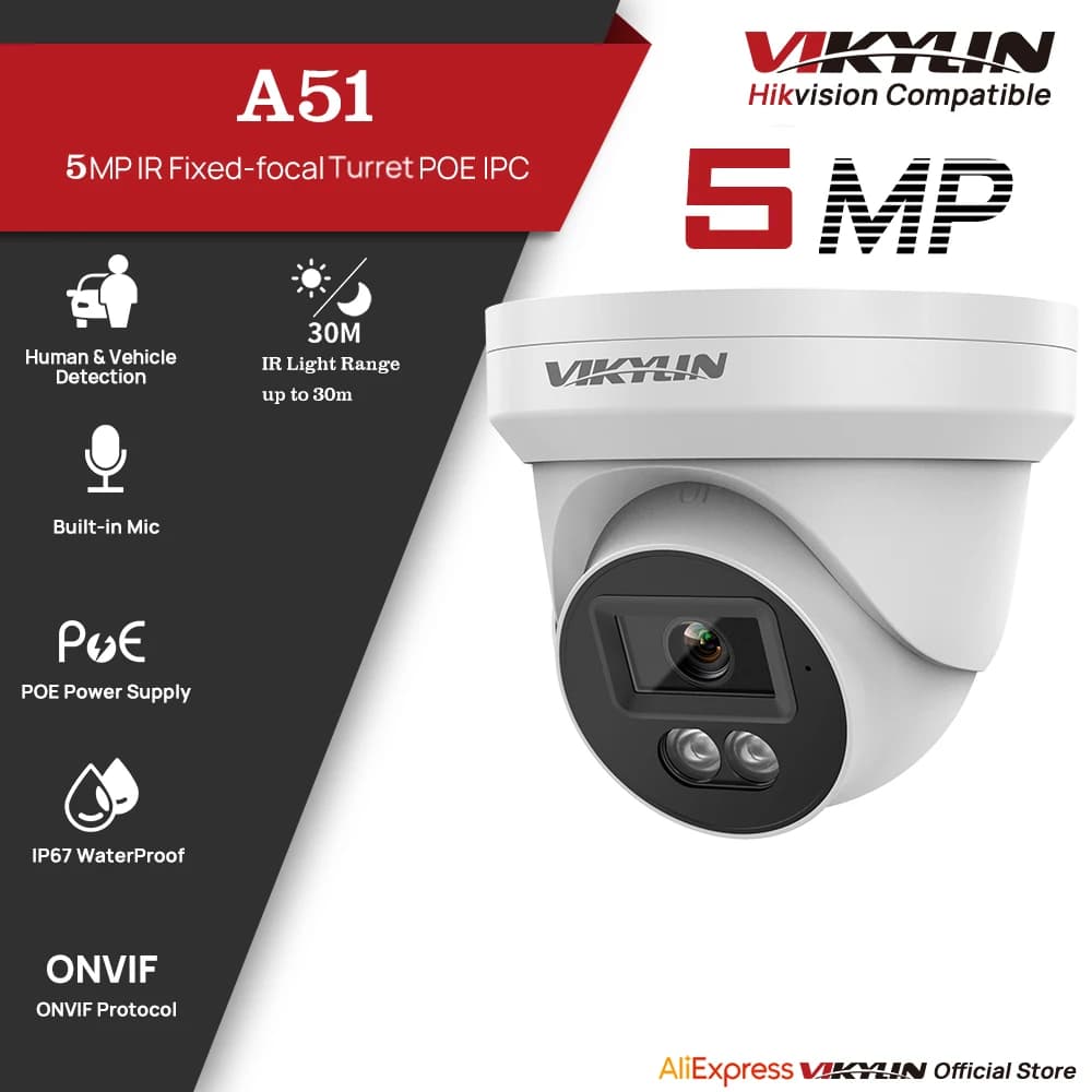 VIKYLIN 5MP IP Security Camera with IR Night Vision, Audio, PoE, Human and Veicular Detection, ONVIF Compatible, SD Storage, IP67 for External
