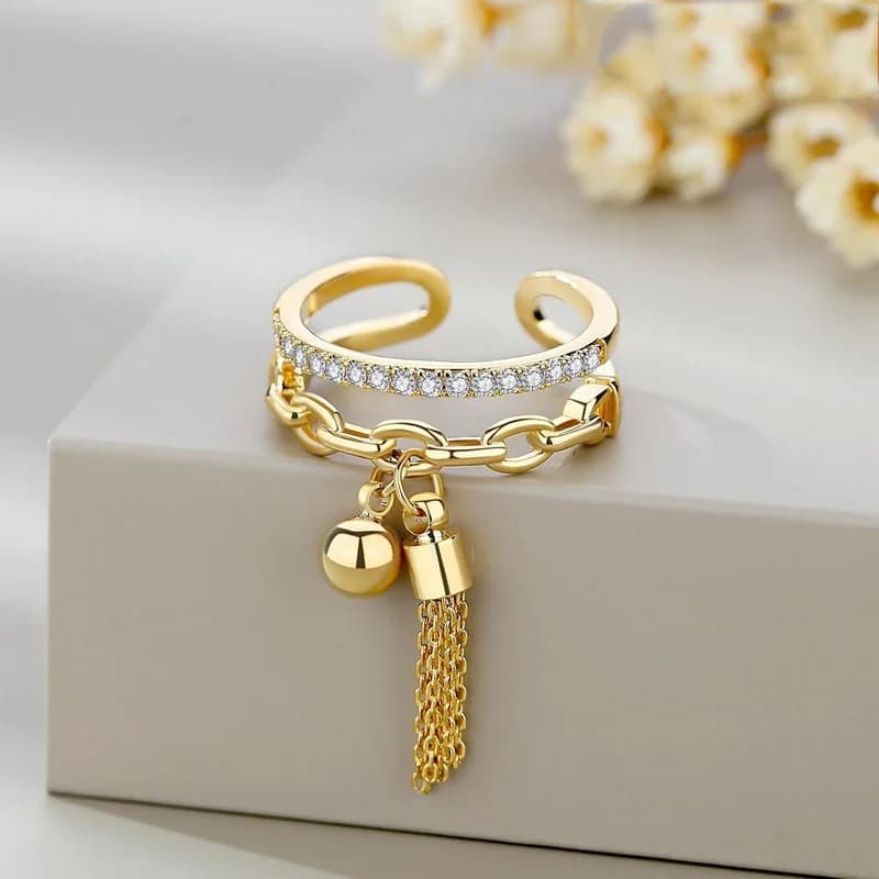 Anelli di zircone a doppio strato di lusso per le donne Anello di apertura a catena con nappa a sfera in metallo punk 2023 Gioielli da sposa per coppie di nuova tendenza