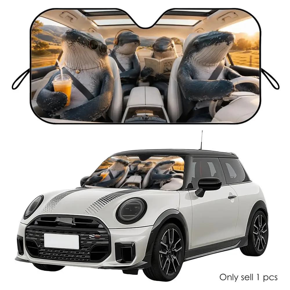 Parasole da Viaggio Whale Driving, Riutilizzabile in Alluminio, Copertura Isolante UV e Termica per Parabrezza Auto