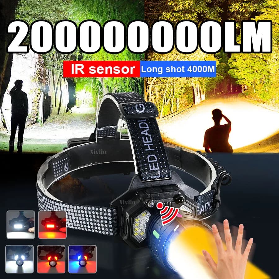 200000000LM Potente faro con sensore di movimento Lampada frontale ricaricabile USB con luci COB Lampada frontale esterna per caccia in campeggio