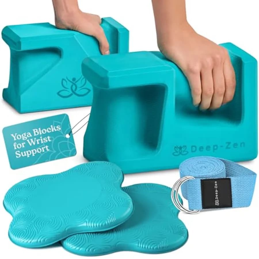 Blocchi Yoga PRO Ergonomici, Set da 2 per Comfort e Supporto del Polso, Blocchi in Schiuma EVA, 2 Ginocchiere e Cinghia per Yoga
