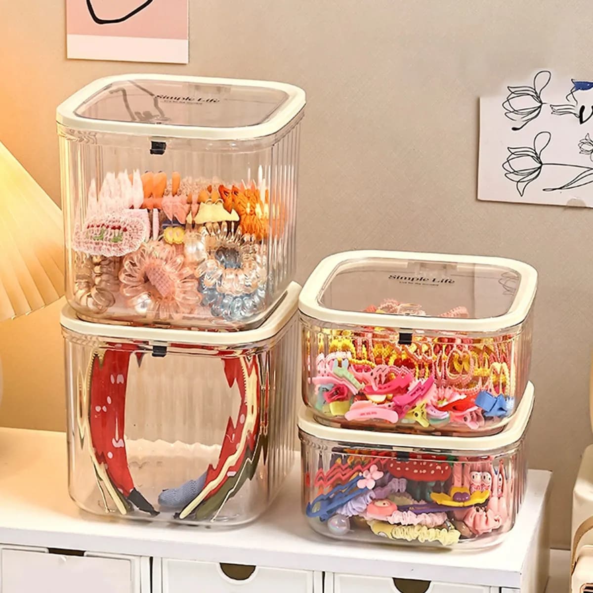 Scatola portaoggetti per accessori per capelli, portagioie da scrivania con coperchio, scatola organizer per elastici e fermagli per capelli da ragazza