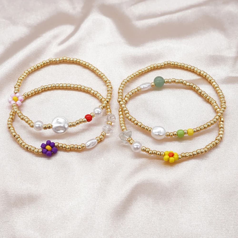 Go2BoHo bracelet of daisy flowers for women fashion summer jewelry hand woven jewelry pearl bracelets with golden color beads