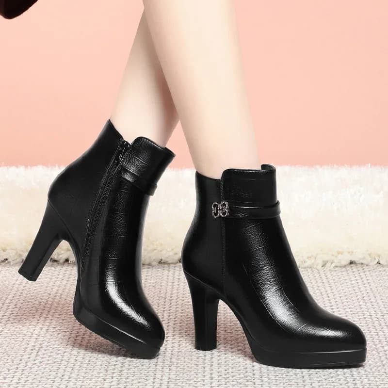 9 centimetri elegante blocco tacchi alti scarpe donna 2024 tendenza inverno morbida pelle calda pelliccia caviglia stivali da moto per il modello ufficio mamma