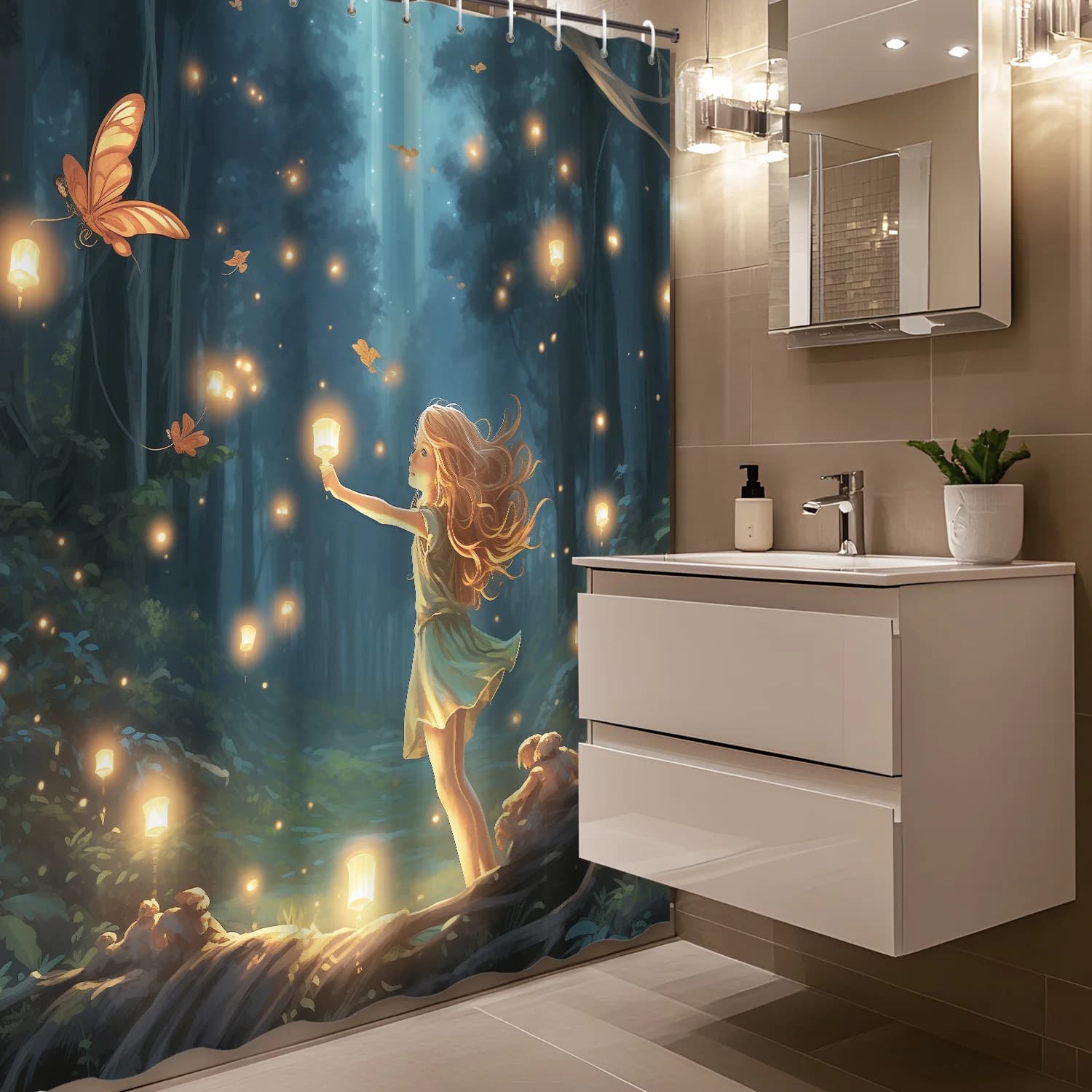 Ragazza della foresta incantata con tenda da doccia impermeabile a lanterna per l'arredamento moderno del bagno, design elegante e durevole, unico